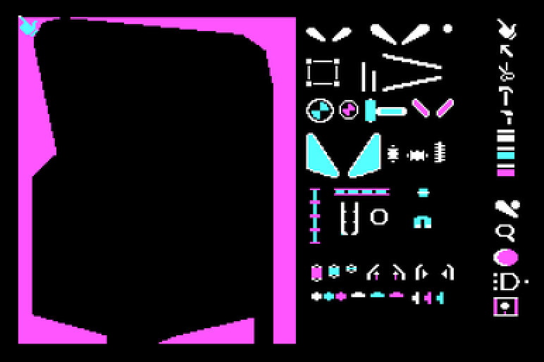 The Pinball Construction Set editor: a blank table on the left, the parts bin on the right