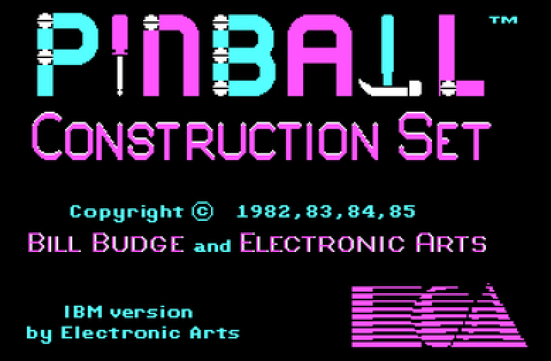 The Pinball Construction Set title screen in CGA magenta and cyan, crediting Bill Budge and Electronic Arts, 1982-85