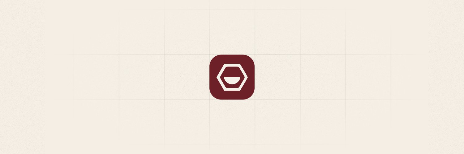 Korey app icon — a dark red rounded square with a white hexagonal mark — centered on a textured beige grid background