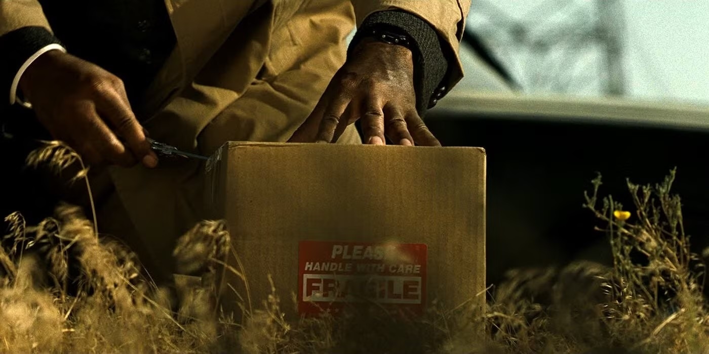Close-up of two hands resting on a cardboard box labeled 'FRAGILE — Please Handle With Care' in a field of dry grass, lit in warm sepia tones